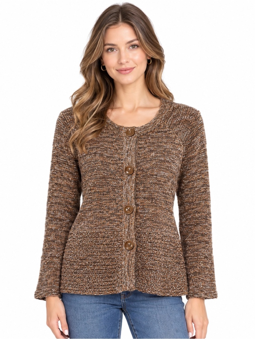 dressbarn XL Brown Beige Textured Knit Button-Front Lightweight Cardigan Sweater